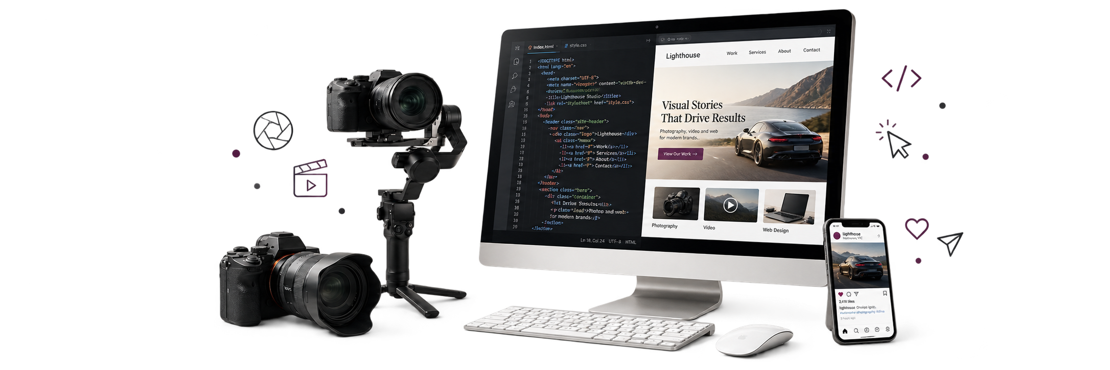 Camera and gimbal beside a desktop showing web development and a phone showing social media.